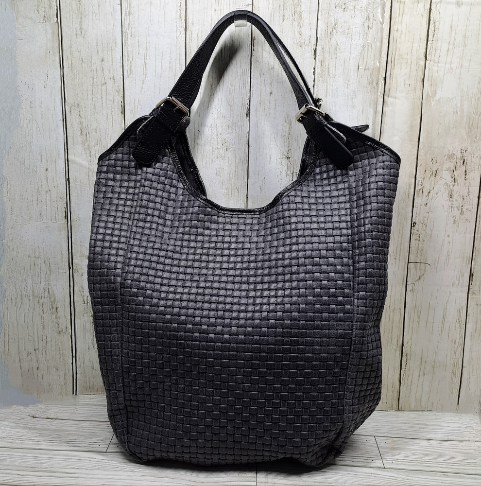 Italian Borse in Pelle XL Gray/Black Woven Leather MultiPocket Shoulder Tote Bag